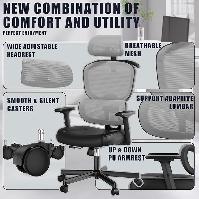 Office Chair, Ergonomic Desk Chair, High Back Desk Chair, Big and Tall Reclining Comfy Home Office Chair with Lumbar Support Breathable Mesh Computer Chair Adjustable Armrests - LeafyLoom