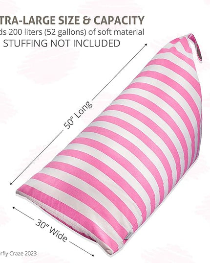 Butterfly Craze Bean Bag Chair Cover, Functional Toddler Toy Organizer, Fill with Stuffed Animals to Create a Jumbo, Comfy Floor Lounger for Boys or Girls, Stuffing Not Included, Light Pink Stripes - LeafyLoom