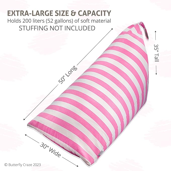 Butterfly Craze Bean Bag Chair Cover, Functional Toddler Toy Organizer, Fill with Stuffed Animals to Create a Jumbo, Comfy Floor Lounger for Boys or Girls, Stuffing Not Included, Light Pink Stripes - LeafyLoom