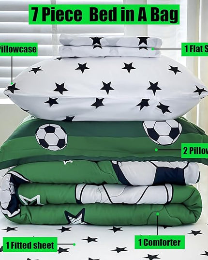 7 Piece Boys Soccer Comforter Set Queen Size Bed in A Bag 3D Football Playground Sports Bedding Set for Kids Microfiber Comforter All Season Green - LeafyLoom