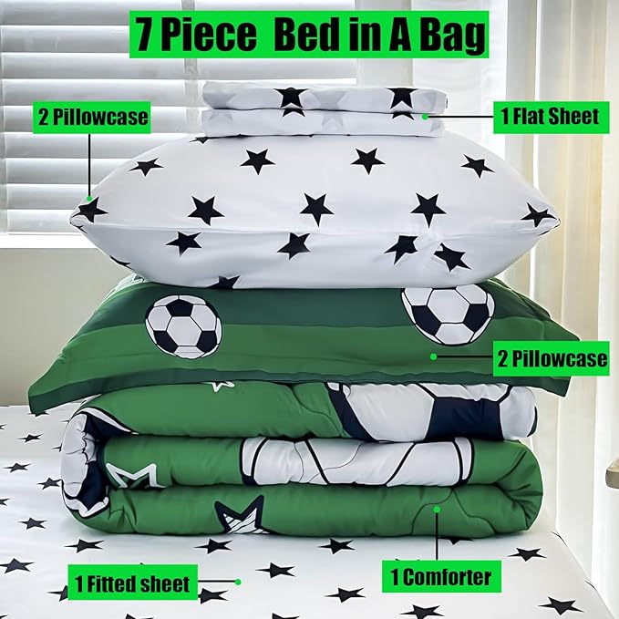 7 Piece Boys Soccer Comforter Set Queen Size Bed in A Bag 3D Football Playground Sports Bedding Set for Kids Microfiber Comforter All Season Green - LeafyLoom