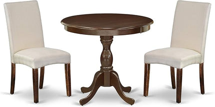 East West Furniture Antique 3 Piece Dinette Set for Small Spaces Contains a Round Kitchen Table with Pedestal and 2 Cream Linen Fabric Parson Dining Chairs, 36x36 Inch, Mahogany - LeafyLoom