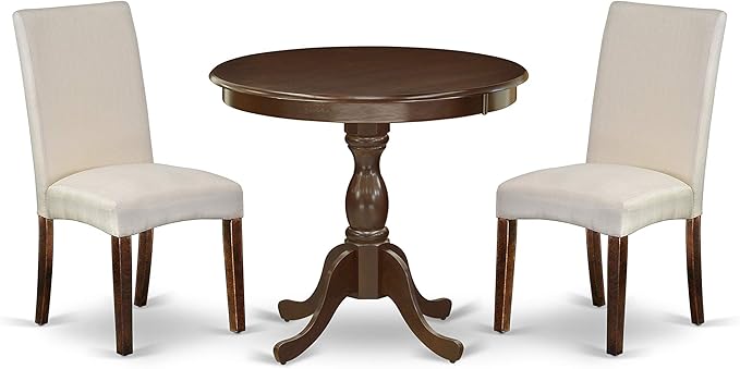 East West Furniture Antique 3 Piece Dinette Set for Small Spaces Contains a Round Kitchen Table with Pedestal and 2 Cream Linen Fabric Parson Dining Chairs, 36x36 Inch, Mahogany - LeafyLoom