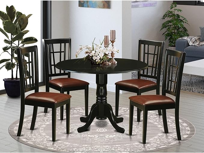East West Furniture Dublin 5 Piece Set Includes a Round Dining Room Table with Dropleaf and 4 Faux Leather Upholstered Kitchen Chairs, 42x42 Inch, Black - LeafyLoom