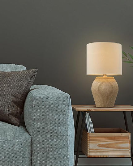 Globe Electric 61000049 18" Ceramic Table Lamp, Soft Beige Finish, White Linen Shade, On/Off Rotary Switch on Socket, Table Lamp for Living Room, Home Décor, Lamps for Bedroom, Room Décor - LeafyLoom