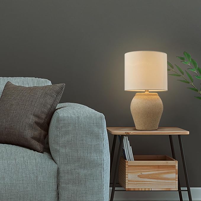 Globe Electric 61000049 18" Ceramic Table Lamp, Soft Beige Finish, White Linen Shade, On/Off Rotary Switch on Socket, Table Lamp for Living Room, Home Décor, Lamps for Bedroom, Room Décor - LeafyLoom
