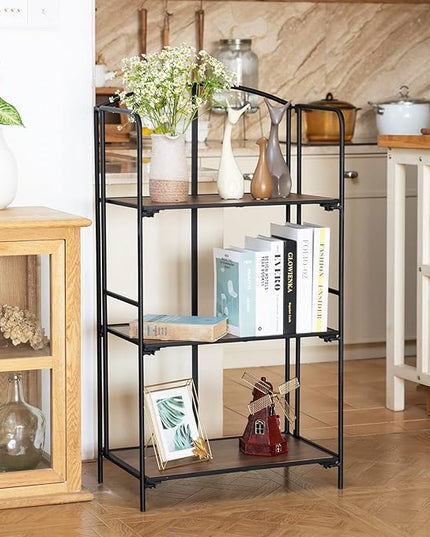 No Assembly Folding Bookshelf, 3 Tier Black Bookshelf, Metal Book Shelf for Storage, Folding Bookcase for Office Organization and Storage, 12.6" D x 22.44" W x 42.13" H - LeafyLoom