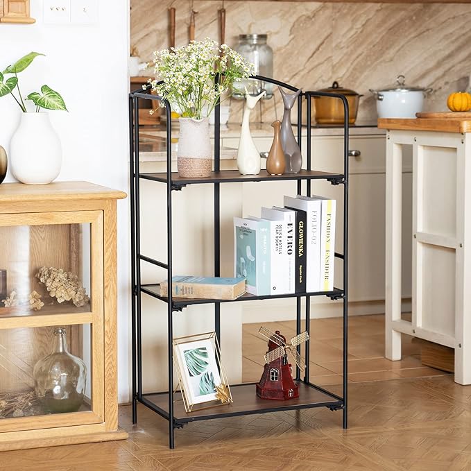 No Assembly Folding Bookshelf, 3 Tier Black Bookshelf, Metal Book Shelf for Storage, Folding Bookcase for Office Organization and Storage, 12.6" D x 22.44" W x 42.13" H - LeafyLoom