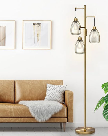 Dimmable Floor Lamp, Industrial Floor Lamps for Living Room, Antique Brass Tree Lamp Standing Lamp Tall Lamps with 3 Elegant Teardrop Cage Head & 800 Lumens LED Bulbs for Living Room Bedroom Office - LeafyLoom