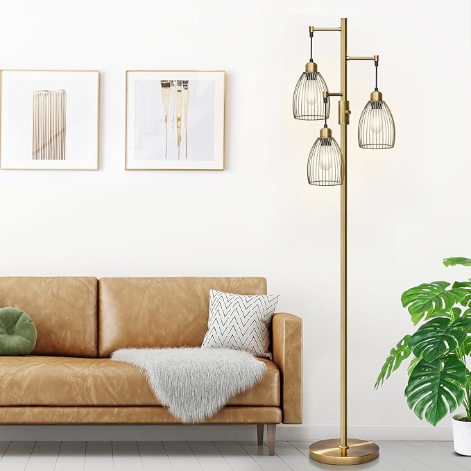 Dimmable Floor Lamp, Industrial Floor Lamps for Living Room, Antique Brass Tree Lamp Standing Lamp Tall Lamps with 3 Elegant Teardrop Cage Head & 800 Lumens LED Bulbs for Living Room Bedroom Office - LeafyLoom