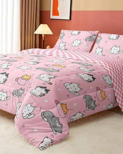 Datura home Pink Kawaii Cat Comforter Bedding Set for Girls Lovely Kitten Print Cute Animal Pattern with 1 and 2 Pillowcases Bedroom All Season(Cat Twin), Twin 68x86inches - LeafyLoom