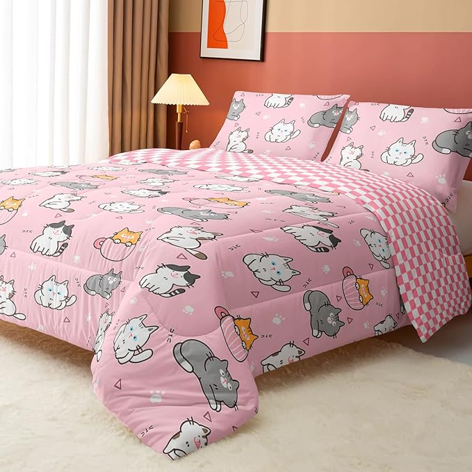 Datura home Pink Kawaii Cat Comforter Bedding Set for Girls Lovely Kitten Pink Print Cute Animal Pattern Bedding Set with 1 Comforter and 2 Pillowcases for Girls Bedroom All Season(Cat Pink Full) - LeafyLoom
