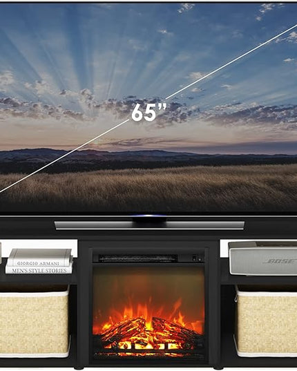 Furinno Jensen Open Storage Fireplace Entertainment Center for TV up to 70 Inch with Stainless Steel Tubes, Americano/Chrome - LeafyLoom