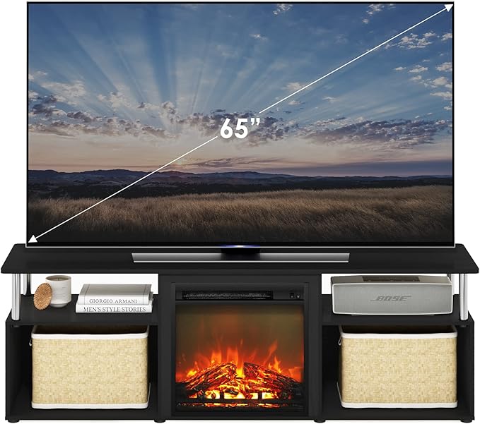 Furinno Jensen Open Storage Fireplace Entertainment Center for TV up to 70 Inch with Stainless Steel Tubes, Americano/Chrome - LeafyLoom