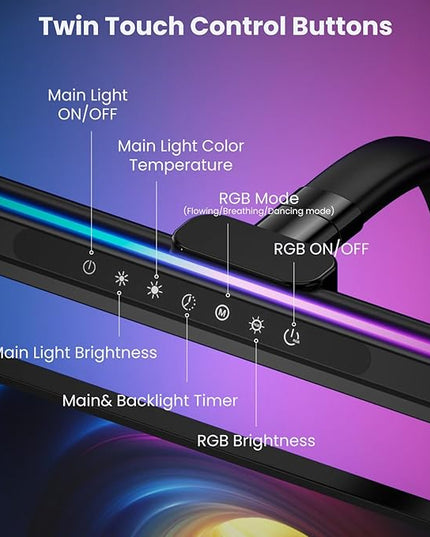 LED Desk Lamp with RGB Backlight, 24W Ultra Bright Table Lamps for Home Office, 60" Timer, 25 Lighting Modes,Eye Care Clamp Light for Gaming Reading Working - LeafyLoom