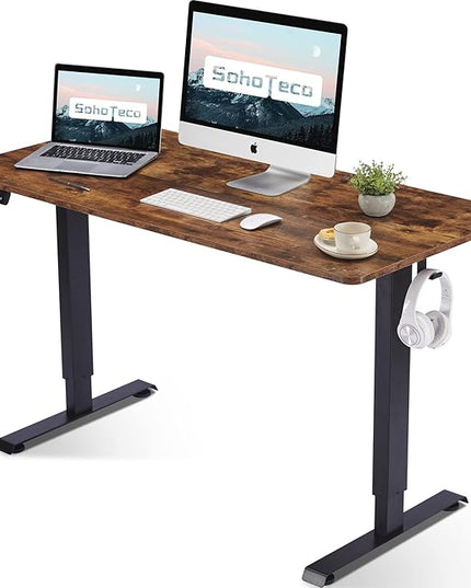 Height Adjustable Electric Stand Up Desk, 48x24 Computer Desk with Memory Presets for Home and Office, Black Frame & Brown Desktop - LeafyLoom