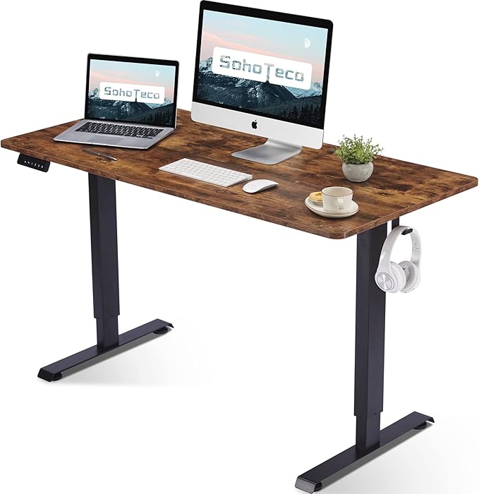 Height Adjustable Electric Stand Up Desk, 48x24 Computer Desk with Memory Presets for Home and Office, Black Frame & Brown Desktop - LeafyLoom