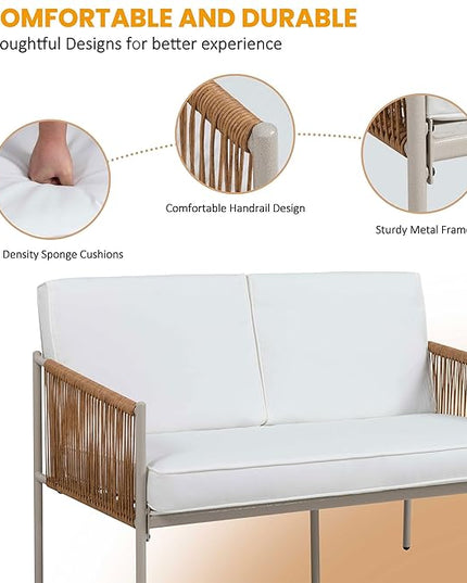 Shintenchi 5 Piece Wicker Outdoor Patio Furniture Set, White Metal Sofa Conversation Set, including Loveseat, Two Single Chairs and Two Coffee Tables for Backyard, Patio, Balcony, Poolside - LeafyLoom