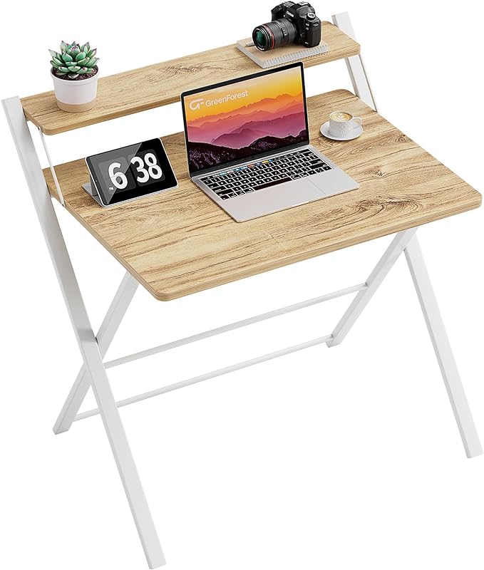 GreenForest Folding Desk No Assembly Required Large Size, 2-Tier Foldable Computer Desk with Shelf for Home Office, Space Saving Portable Laptop Study Foldable Table for Bedroom, Oak - LeafyLoom