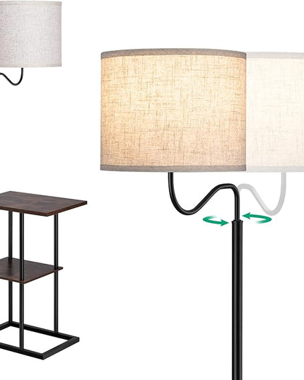 EDISHINE Floor Lamp with Table, Bedside End Table with Lamp, Reading Shelf Floor Lamp with Linen Shade, Narrow Nightstand with Shelves for Living Room, Bedroom, Office, Den, 60" - LeafyLoom