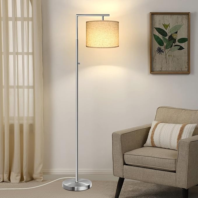 Dimmable Floor Lamp, 4-Color Temperature Modern Standing Lamp with Remote Control & Beige Shade, Tall Pole Floor Lamp for Living Room, Bedroom, Study Room, Office (LED Bulb Included) -Silver - LeafyLoom