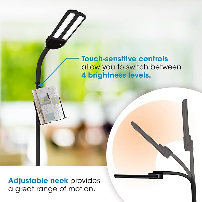 OttLite Dual Shade LED Standing Floor Lamp with Adjustable Stand - Wide Range of Illumination with Built-in 2.1A USB Charging Port and Flexible Neck - 4 Brightness Settings for Reading & Studying - LeafyLoom