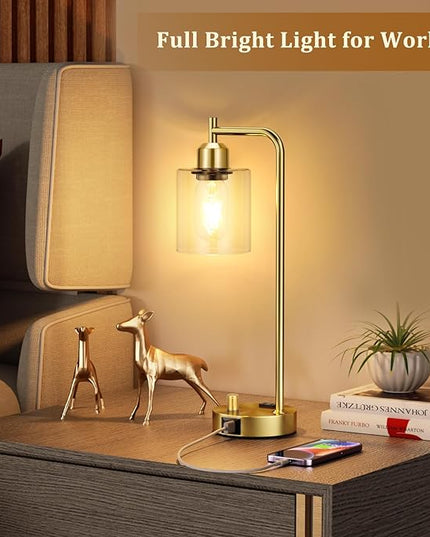 Innqoo Gold Table Lamp for Bedroom - Industrial Bedside Lamp with USB Port and Outlet, Fully Dimmable Nightstand Lamp with Clear Glass Shade, Small Desk Lamps for Home Office - LeafyLoom
