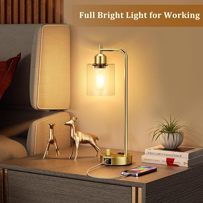 Innqoo Gold Table Lamp for Bedroom - Industrial Bedside Lamp with USB Port and Outlet, Fully Dimmable Nightstand Lamp with Clear Glass Shade, Small Desk Lamps for Home Office - LeafyLoom
