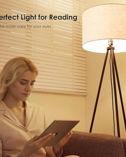 Floor Lamp for Living Room, Tripod Floor Lamp, 15W LED Bulb, 3 Levels Dimmable Brightness, Linen Lamp Shade, Mid Century Standing Lamp for Living Room, Bedroom, Study Room and Office - LeafyLoom