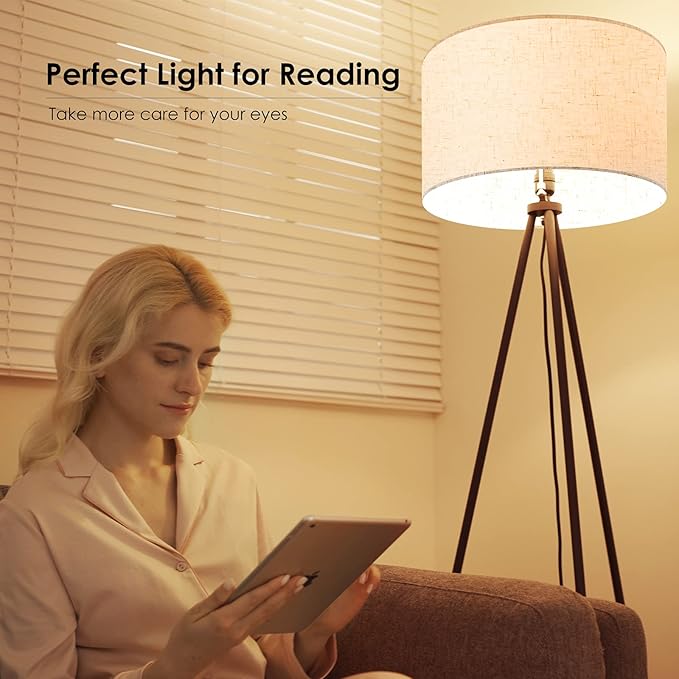 Floor Lamp for Living Room, Tripod Floor Lamp, 15W LED Bulb, 3 Levels Dimmable Brightness, Linen Lamp Shade, Mid Century Standing Lamp for Living Room, Bedroom, Study Room and Office - LeafyLoom