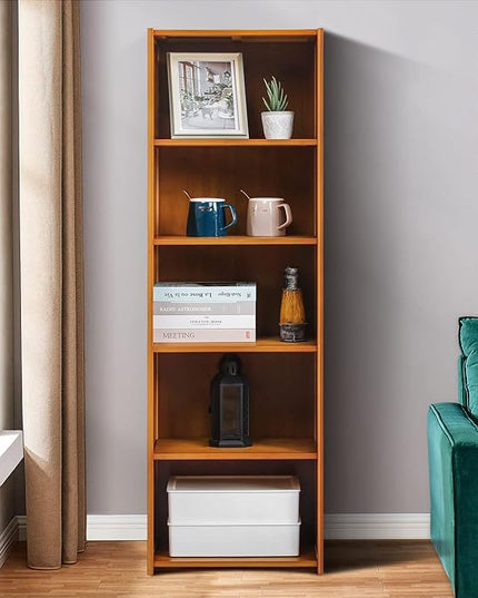 MoNiBloom Bamboo 5 Tier Free Standing Narrow Bookcase Display Storage Shelves Collection Décor Furniture for Home Office Living Room, Brown - LeafyLoom