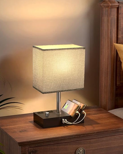 Kakanuo Fully Dimmable Nightstand Lamp for Bedroom with USB C Ports, Grey Small Bedside Table Lamp with Charging Outlets and Phone Stands, Wooden Desk Lamp for Living Room, LED Bulb Included - LeafyLoom