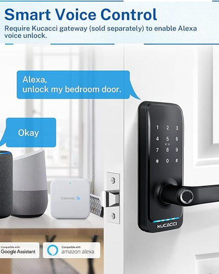 Smart Door Lock with Handle: Kucacci Keyless Entry Digital Door Lock for Front Door - Fingerprint Keypad Smart Dnob - Generate Passcode Remotely - App Control - Easy Installation(Black) KeylessLockforSmartHome