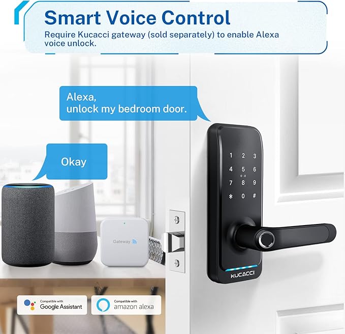 Smart Door Lock with Handle: Kucacci Keyless Entry Digital Door Lock for Front Door - Fingerprint Keypad Smart Dnob - Generate Passcode Remotely - App Control - Easy Installation(Black) KeylessLockforSmartHome