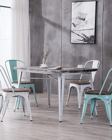 YOUNIKE Metal Chairs with Wooden Seat Modern Industrial Distressed Indoor Outdoor Metal Kitchen Dining Room Chairs Set of 4 (Dream Blue)… - LeafyLoom