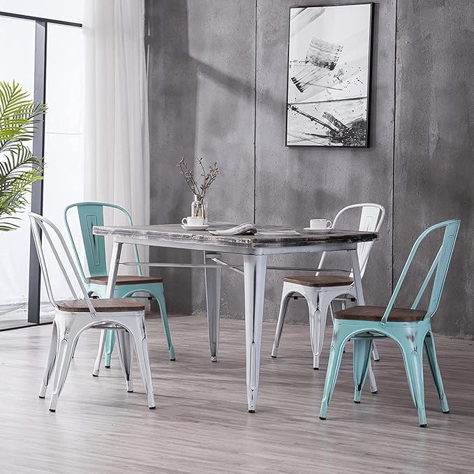 YOUNIKE Metal Chairs with Wooden Seat Modern Industrial Distressed Indoor Outdoor Metal Kitchen Dining Room Chairs Set of 4 (Dream Blue)… - LeafyLoom
