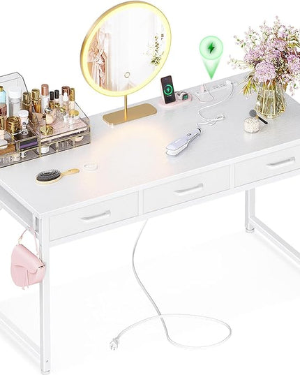 AODK Vanity Desk without Mirror, Makeup Vanity with 3 Fabric Drawers, White Vanity Desk Dressing Vanity Table with Charging Station, 54 Inch Large Girl Vanity, Desk Make Up Vanity for Girls, White - LeafyLoom