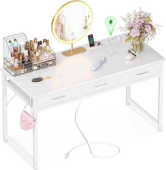 AODK Vanity Desk without Mirror, Makeup Vanity with 3 Fabric Drawers, White Vanity Desk Dressing Vanity Table with Charging Station, 54 Inch Large Girl Vanity, Desk Make Up Vanity for Girls, White - LeafyLoom