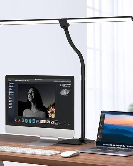 Desk Lamp Architect Task Dual Head Modern Flexible Gooseneck Tall Dimmable Light for Home Office, 5 Color Modes,Remote Control, 1500lm 24W Extra Bright Lighting - LeafyLoom