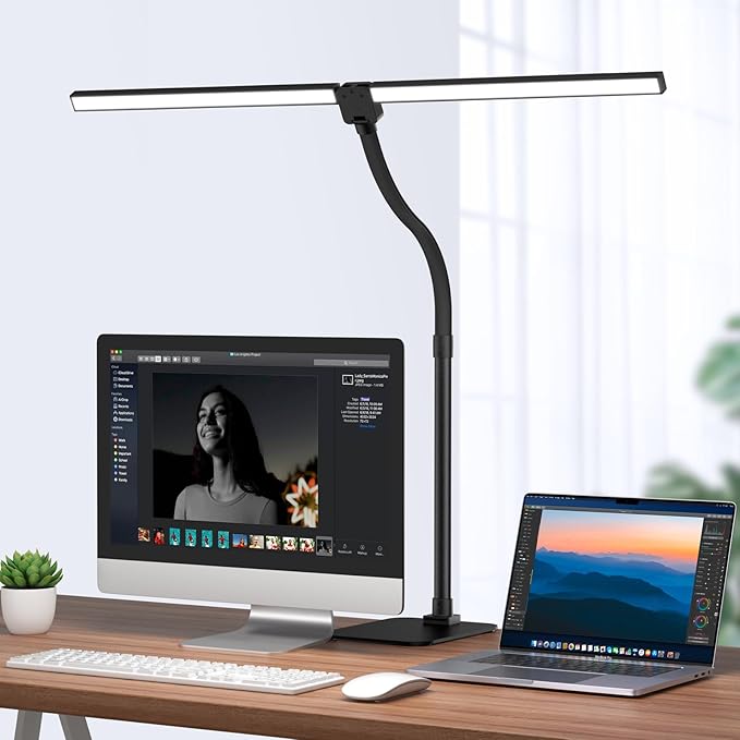 Desk Lamp Architect Task Dual Head Modern Flexible Gooseneck Tall Dimmable Light for Home Office, 5 Color Modes,Remote Control, 1500lm 24W Extra Bright Lighting - LeafyLoom