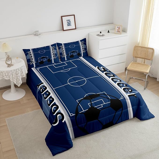 Feelyou Kids Soccer Ball Game Comforter Set King Size Rugby Sports Bedding Set for Boys Girls Teens Bedroom Decor Football Comforter Football Lover Duvet Set with 2 Pillow Case - LeafyLoom