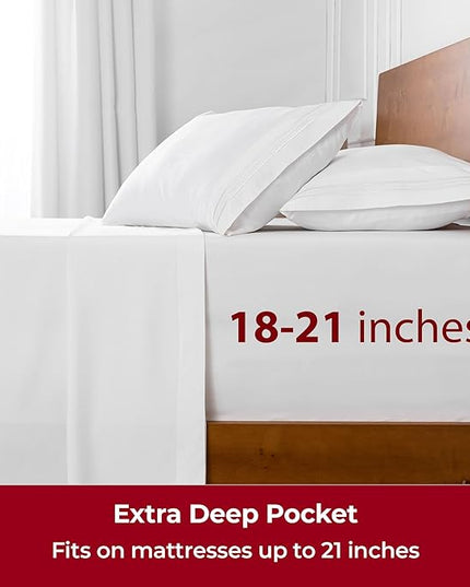 Mellanni Extra Deep King Sheets - 4 PC Iconic Collection Bedding Sheets & Pillowcases - Hotel Luxury, Ultra Soft, Cooling Bed Sheets - Extra Deep Pocket up to 21 inch (King, White) - LeafyLoom