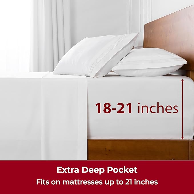 Mellanni Extra Deep King Sheets - 4 PC Iconic Collection Bedding Sheets & Pillowcases - Hotel Luxury, Ultra Soft, Cooling Bed Sheets - Extra Deep Pocket up to 21 inch (King, White) - LeafyLoom