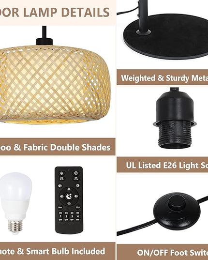 Arc Floor Lamps, Bamboo Floor Lamp with Remote & Dimmable LED Bulb, Boho Rattan Pole Lamps with Bamboo & Fabric Shades, Rustic Standing Lamps for Living Room Bedroom Tall Reading Light - LeafyLoom