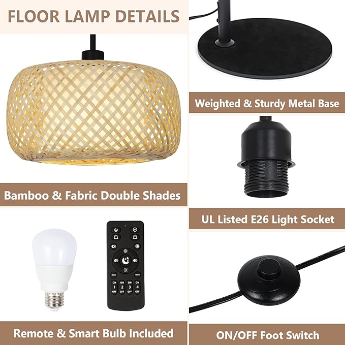 Arc Floor Lamps, Bamboo Floor Lamp with Remote & Dimmable LED Bulb, Boho Rattan Pole Lamps with Bamboo & Fabric Shades, Rustic Standing Lamps for Living Room Bedroom Tall Reading Light - LeafyLoom