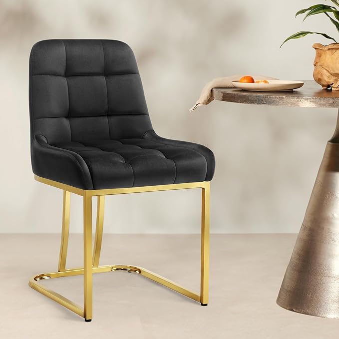 STARY Upholstered Velvet Armless Dining Room Chairs with Gold Metal Legs for Kitchen Restaurant, Black- Set of 4 - LeafyLoom