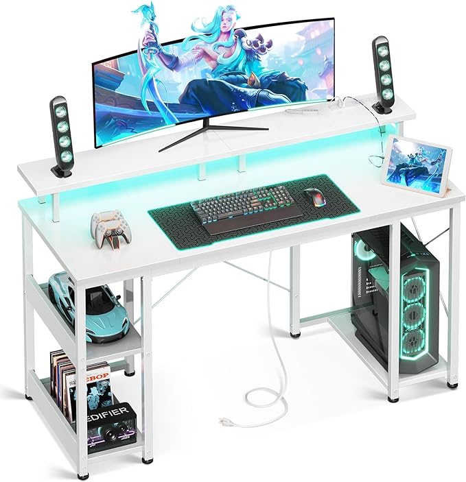 ODK 48 inch Gaming Desk with LED Lights & Power Outlets, Computer Desk with Monitor Stand & Storage Sheves, CPU Stand, Home Office Desk, White - LeafyLoom