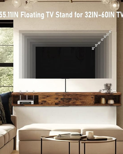 Floating TV Unit, 55'' Wall Mounted TV Cabinet, Floating Shelves with Door, Modern Entertainment Media Console Center Large Storage TV Bench for Living Room & Office (55.12IN, Rustic Brown) - LeafyLoom