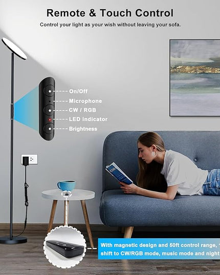 LED Floor Lamp, 3600LM 36W RGB Standing Lamp with Multi-Color Light Scenes, Modern Torchiere Sky Lamp with Remote & Touch Control, 2700K-6500K Stepless Dimming Room Lamp for Living Room Bedroom Office - LeafyLoom