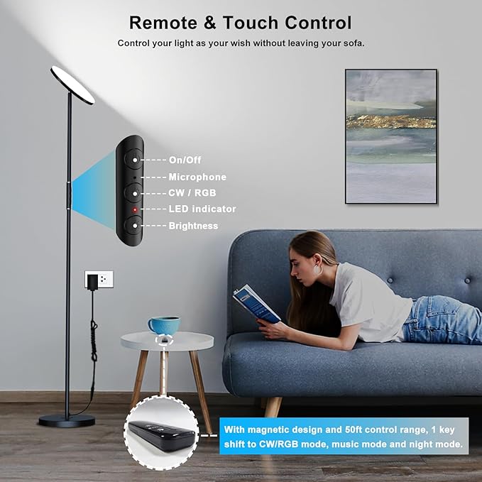 LED Floor Lamp, 3600LM 36W RGB Standing Lamp with Multi-Color Light Scenes, Modern Torchiere Sky Lamp with Remote & Touch Control, 2700K-6500K Stepless Dimming Room Lamp for Living Room Bedroom Office - LeafyLoom
